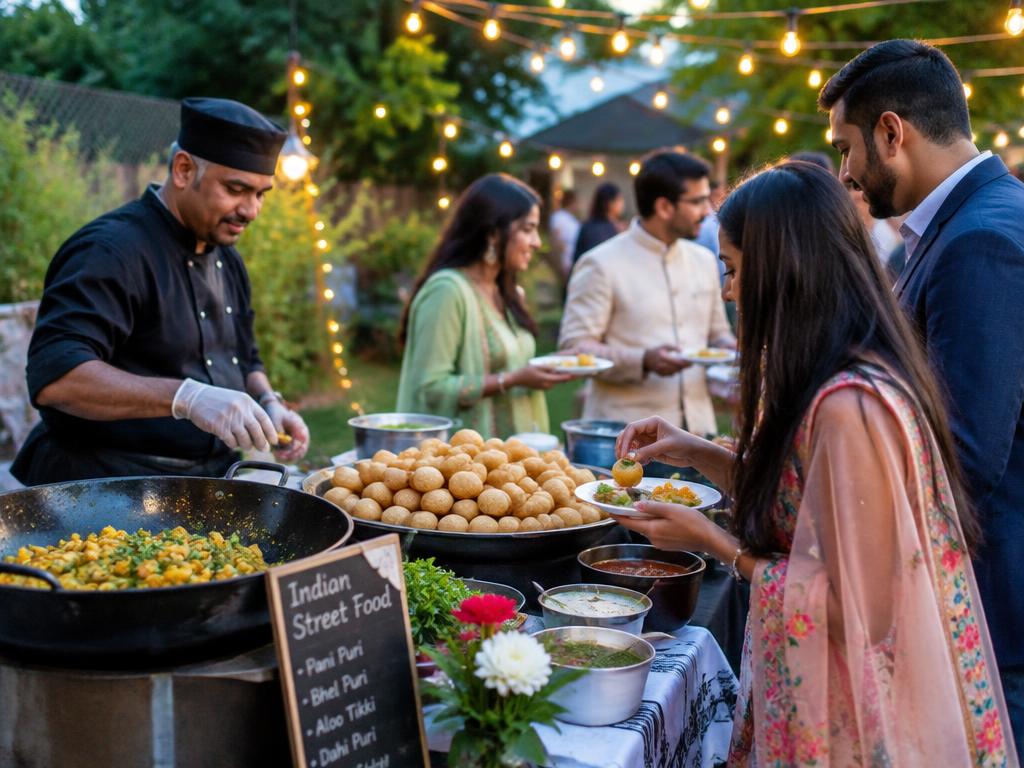 Guests enjoying Indian street food at a backyard celebration