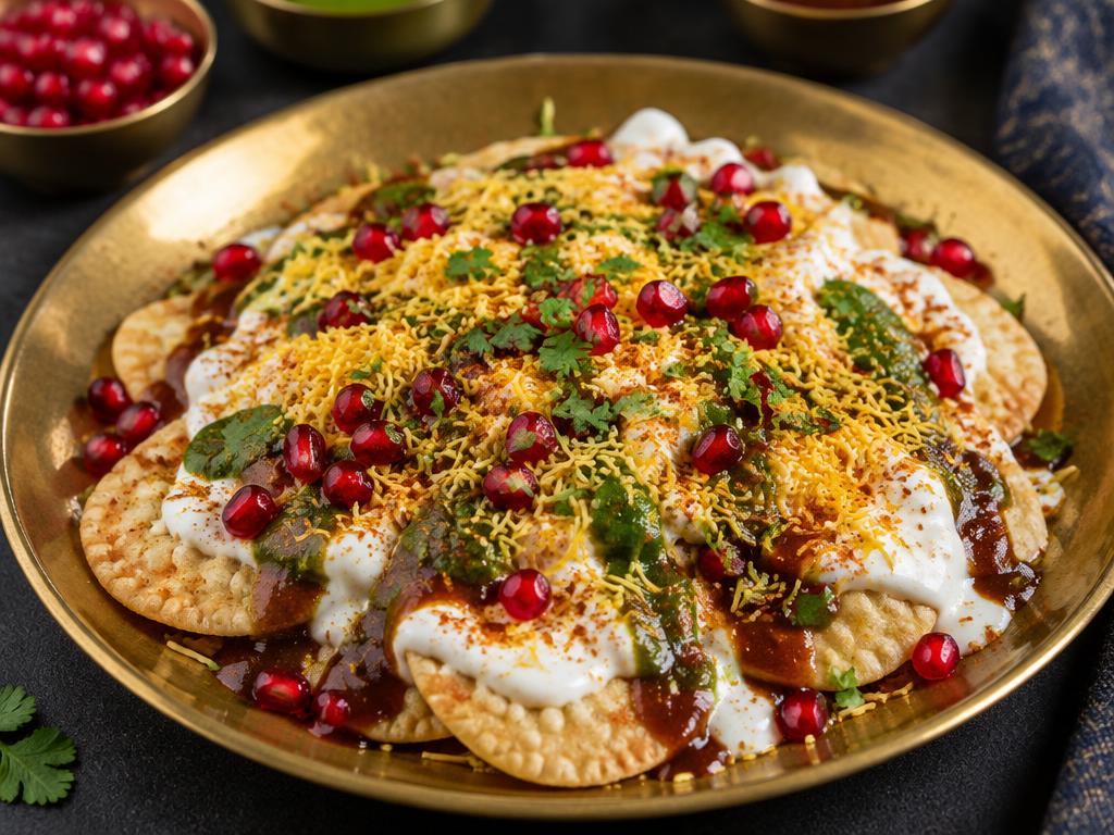 Papdi chaat topped with yogurt, chutneys, sev, and pomegranate
