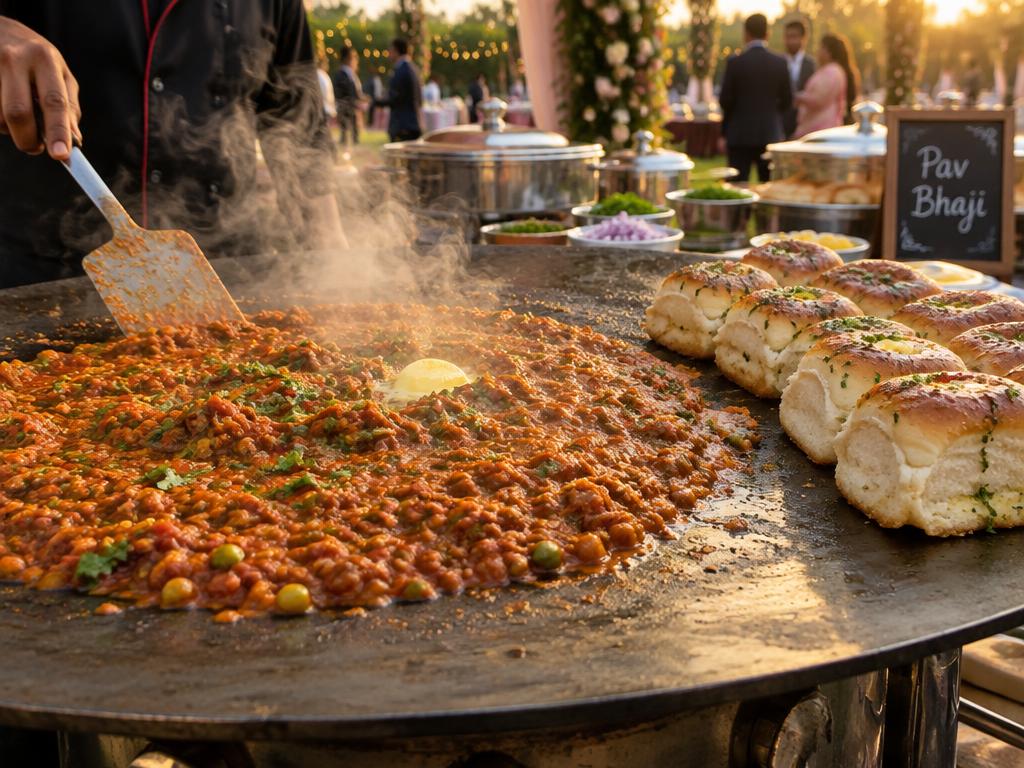 Pav bhaji cooking on a large griddle with buttered pav